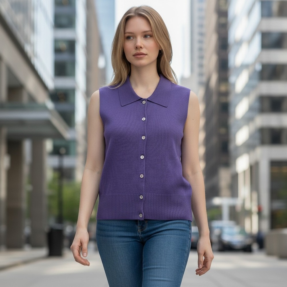Ann Taylor Sweater Vest Womens PL Purple 100% Silk Button Front Collared Knit‎